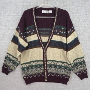 AGGIO Mens‎ L Geo Fair Isle Knit Cardigan Sweater Burgundy Wool Blend Grandpa